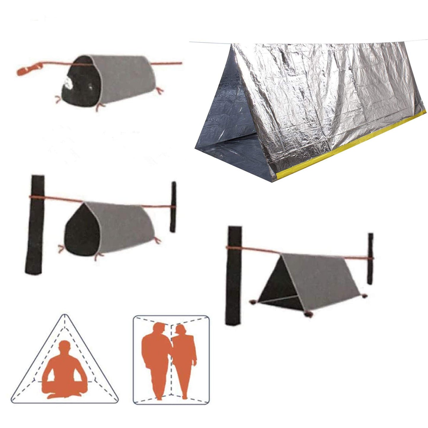 Emergency Survival Shelter Tent, 59 X 98.4inch Waterproof 2-Person Mylar Thermal Shelter Tent for Hiking Camping (Silver)