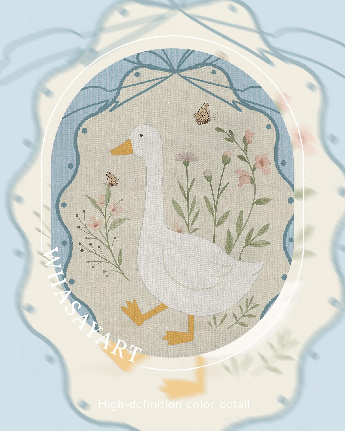 WHASAYART Rustic Goose with Pastel Flowers Cute Bow Wall Art, 12x16 Framed Canvas Print Farmhouse Animal Illustration, Country Style Duck Floral Artwork Nursery Kids Room Bedroom Bathroom Decor