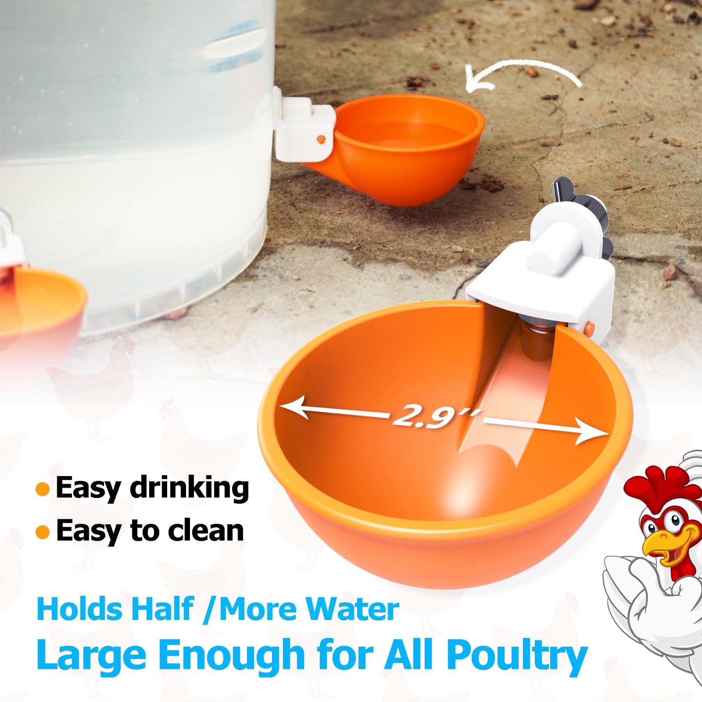 Large Automatic Chicken Waterer Cups with Inserts, Chicken Water Feeder Suitable for Chicks, Duck, Goose, Turkey and Bunny, DIY Poultry Water Feeder Kit (5 Pack-Orange)