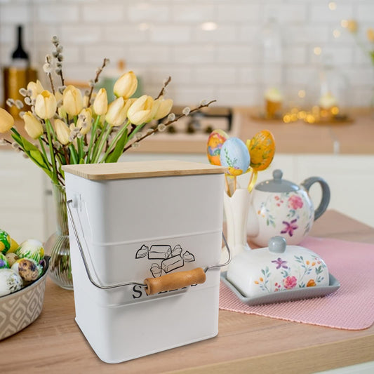Gdfjiy Candy Jar for Kitchen Counter, White Metal Candy Can Candy Tin with Airtight Bamboo Lid & Portable Handles, Candy Buffet, Party Table - Food Storage Canisters for Candies, Cookies, Sugar Cubes,