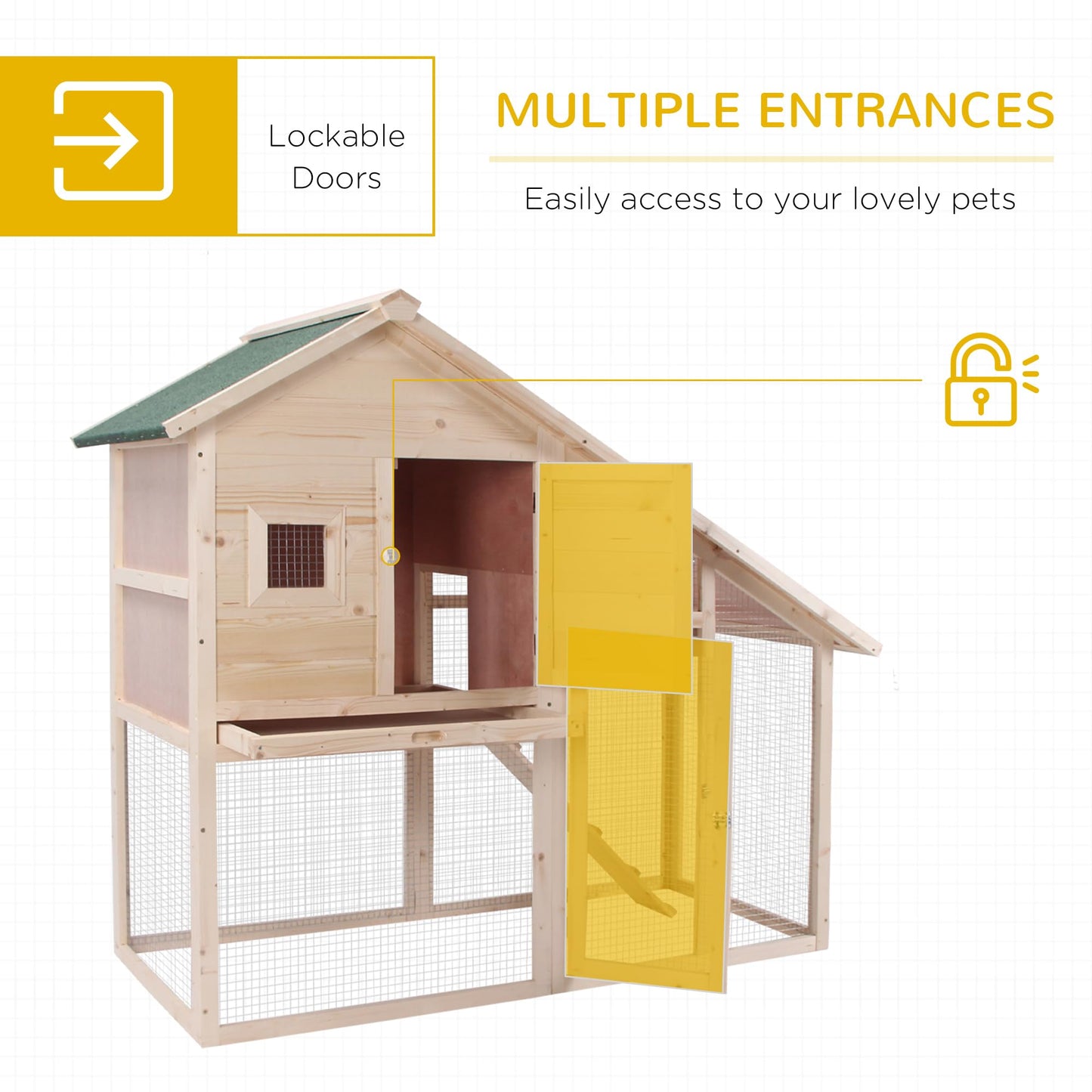 PawHut 55" L 2-Tier Wooden Rabbit Hutch Bunny Cage Small Animal House with Ramp, Waterproof Roof, Removable Tray and Outdoor Run