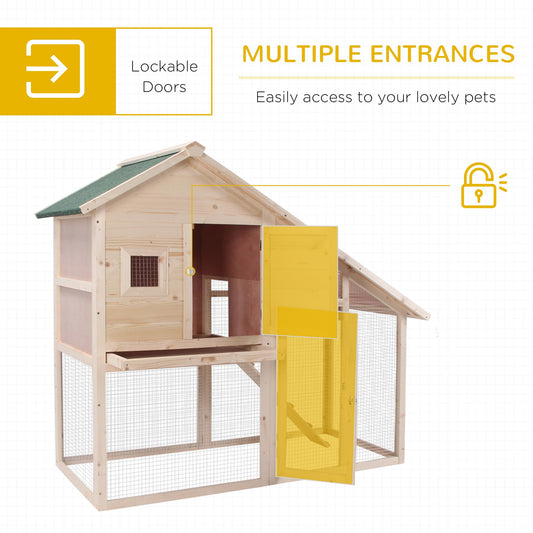 PawHut 55" L 2-Tier Wooden Rabbit Hutch Bunny Cage Small Animal House with Ramp, Waterproof Roof, Removable Tray and Outdoor Run