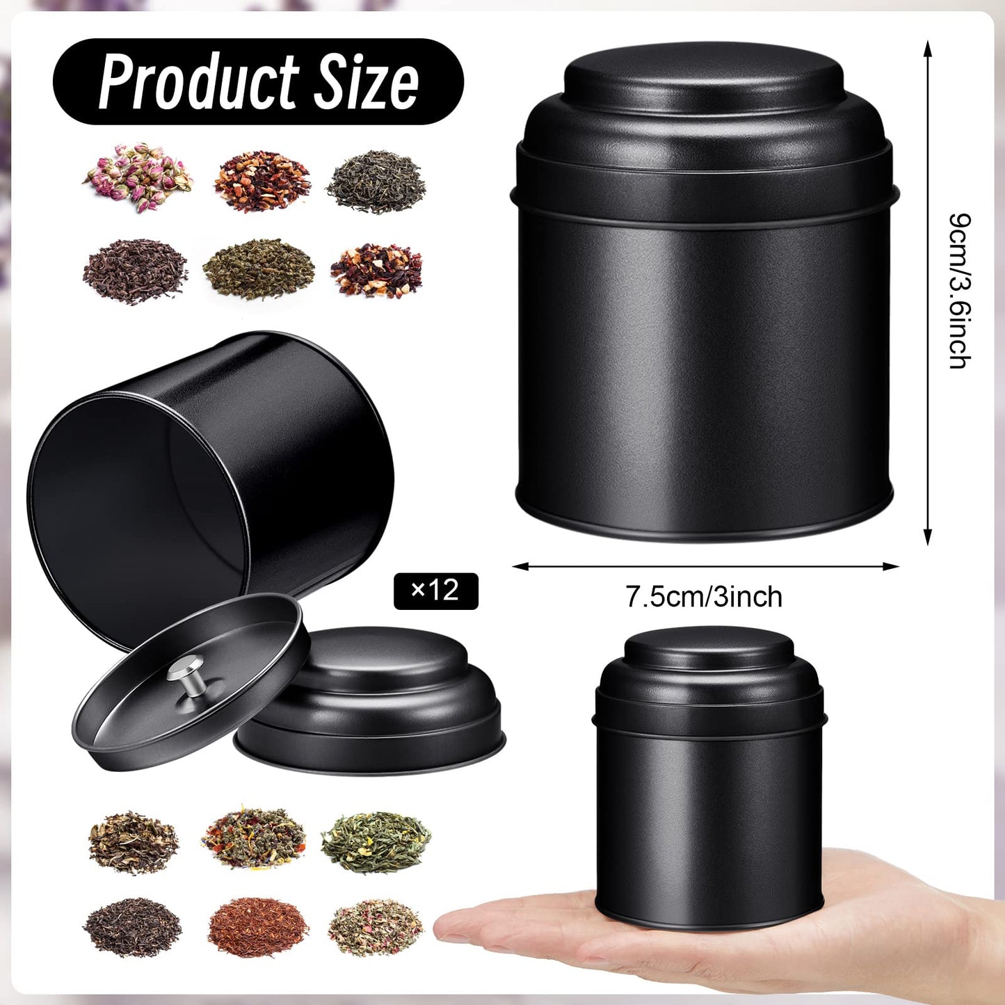 Meanplan 12 Pcs Tea Tin Canister with Airtight Double Lids 8 oz Round Tin Can Box Small Kitchen Tea Canister Loose Leaf Storage Containers for Loose Bags Coffee Sugar Candy Spices(Black)