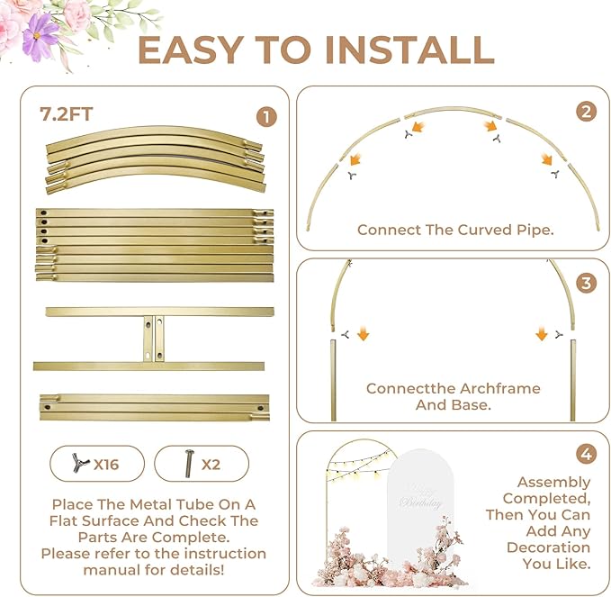 Babenest Gold Arch Backdrop Stand Set of 2, 7.2FT/8FT Metal Arch Wedding Stand, Balloon Arch Frame for Ceremony Birthday Party Bridal Baby Shower Halloween Banquet Decoration
