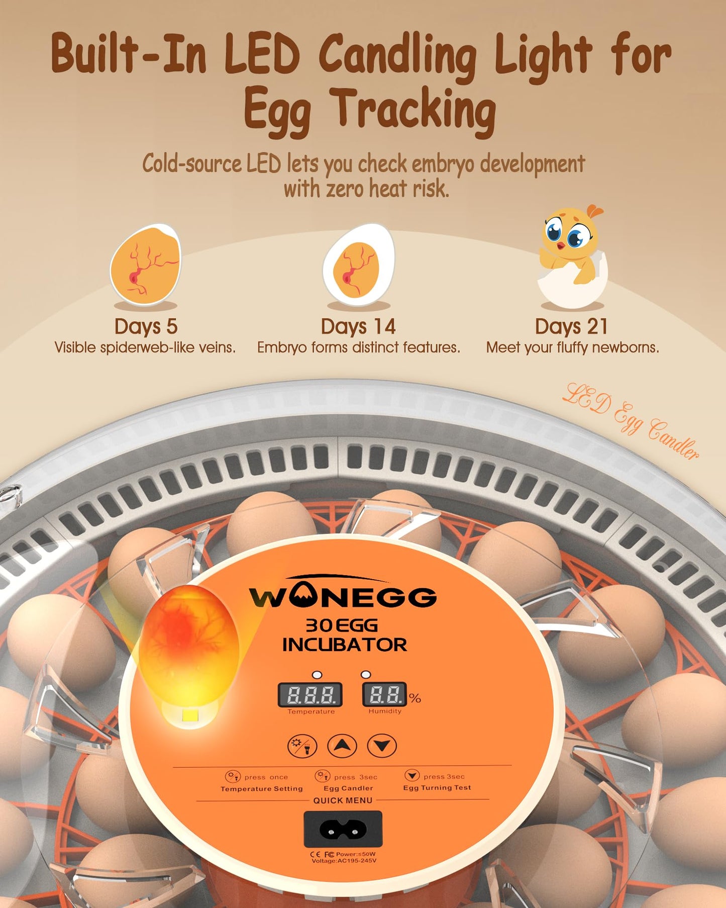 WONEGG 30 Egg Incubators for Hatching Eggs with Automatic Egg Turner, Auto Temperature Control, LED Candling, Humidity Monitor, 360° Viewing for Chicken Quail Parrot Birds
