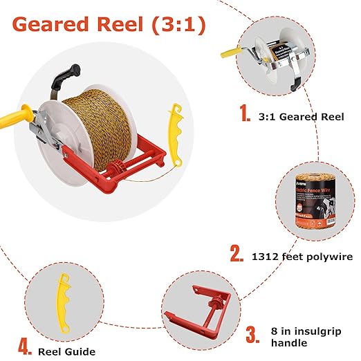 3:1 Geared Reel Prewound Polywire, Electric Fence Wire Reel, with Auxiliary Winding Handle, Plus 1 Free 8 inch Insulgrip, Suitable for Building Farm Electric Fences