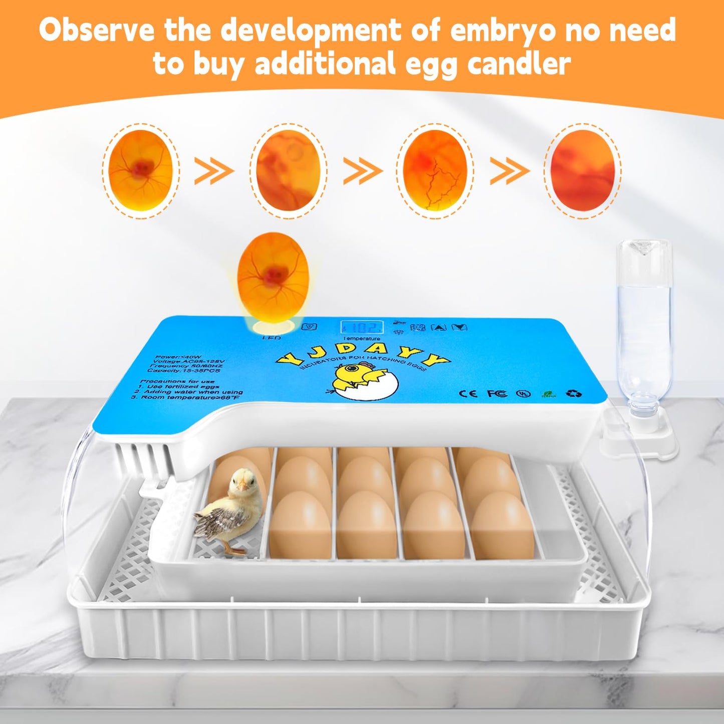 Incubators for Hatching Eggs 15-35 Eggs Incubator with Automatic Egg Turning and ℉Temperature Display LED Candler Poultry Incubator for Hatching Chicken Duck Deviled Egg Containers (Blue)