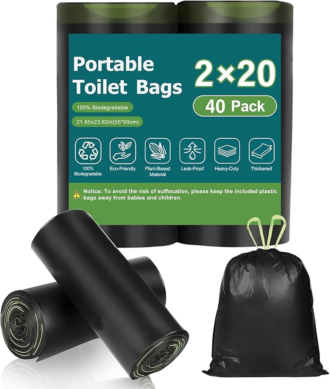 40 Portable Toilet Camping Toilet Bags, Biodegradable with Drawstring & Lemon Scent, Compostable for 5-8 Gallon Bucket Toilet Seat for Outdoor Camping Car Travel