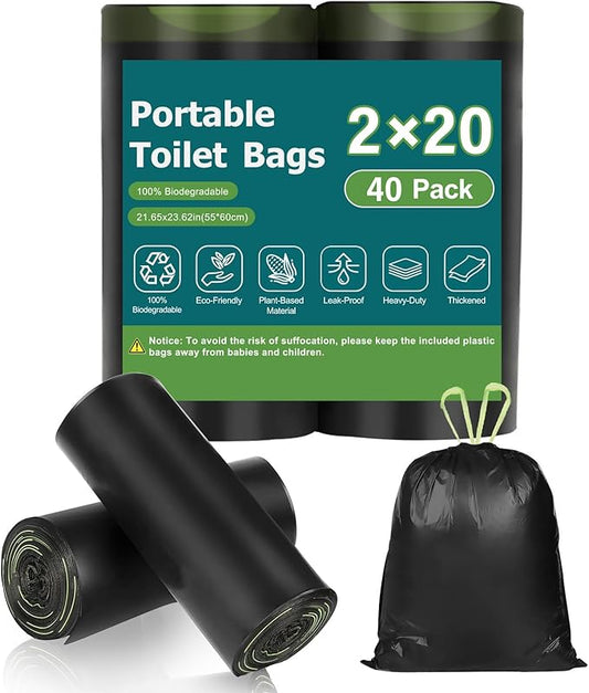 40 Portable Toilet Camping Toilet Bags, Biodegradable with Drawstring & Lemon Scent, Compostable for 5-8 Gallon Bucket Toilet Seat for Outdoor Camping Car Travel
