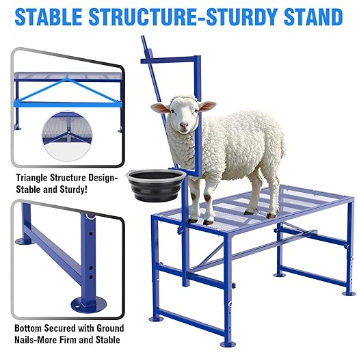 Goat Stand for Milking with Feed Bin, 600LBs Goat Milking Stand for Sheep Trimming Hoof, Use for Livestock, Iron Blue, Adjustable Size