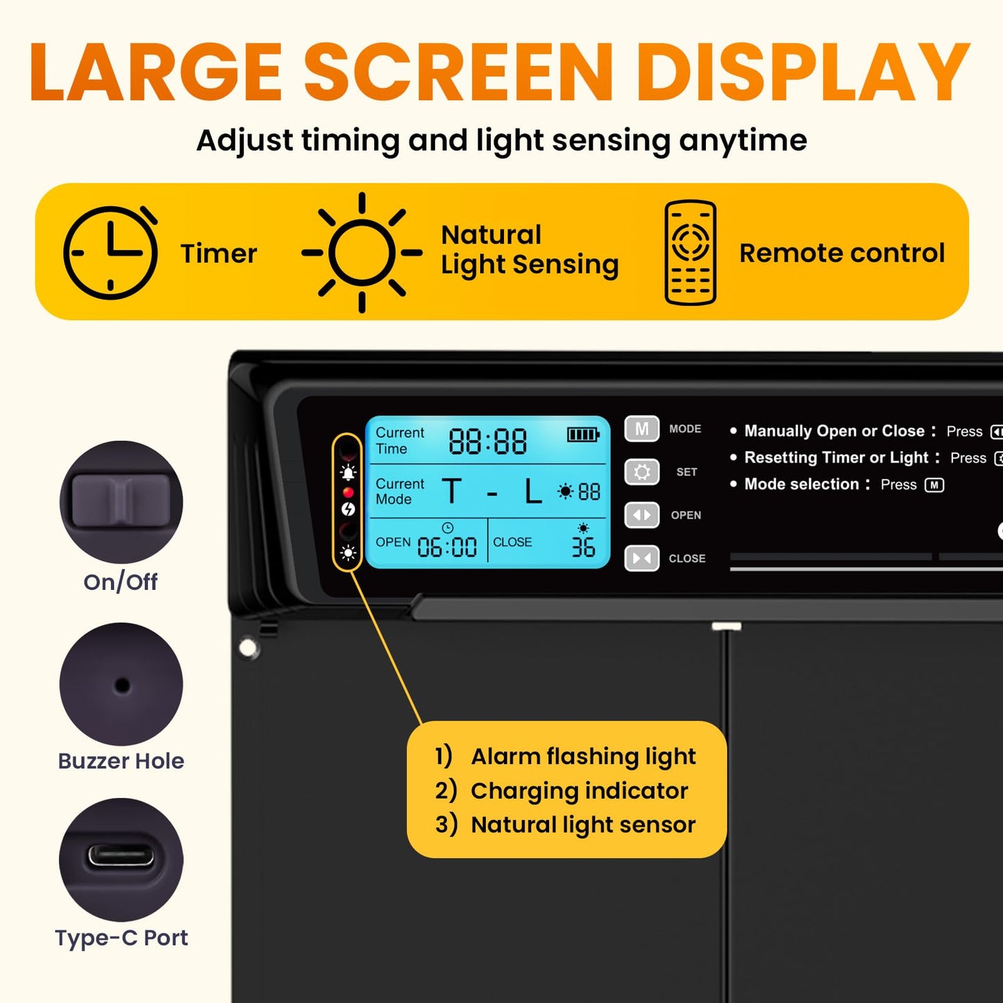 Extra Large Automatic Chicken Coop Door Solar Powered with Remote - LCD Display, Light Sensor, Timer & Anti-Pinch Function – 11.3" x 8.7" Door Opening – 5-Year Protection – Black – by Okköbi
