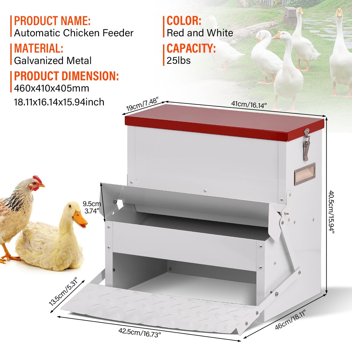 LZWUNYXE Automatic Chicken Feeder No Waste 25lbs Treadle Chicken Feeder Galvanized with Rat Proof Cover and Weatherproof Lid for Fowl,Pheasants,Duck and Roosters