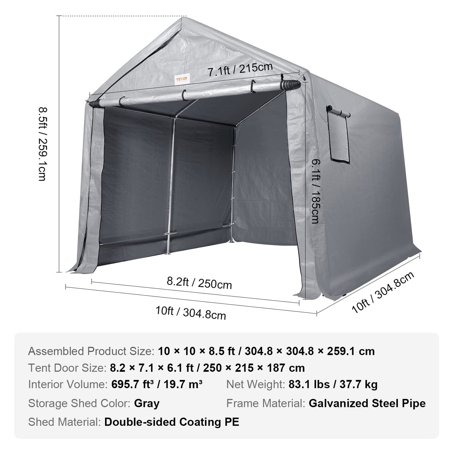 VEVOR Portable Shed Storage Shelter Outdoor, 10x10x8.5 ft Heavy Duty Instant Storage Tent Tarp Sheds with Roll-up Zipper Door and Ventilated Windows for Motorcycle, Bike, Garden Tools