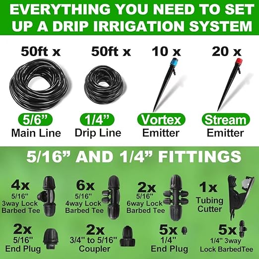 Automatic Drip Irrigation System,100FT Adjustable Complete Drip Irrigation System for Garden and Raised Beds,Greenhouse,Lawn with 5/16" and 1/4" Irrigation Tubing,Drip Emitters,Lock Barbed Fittings