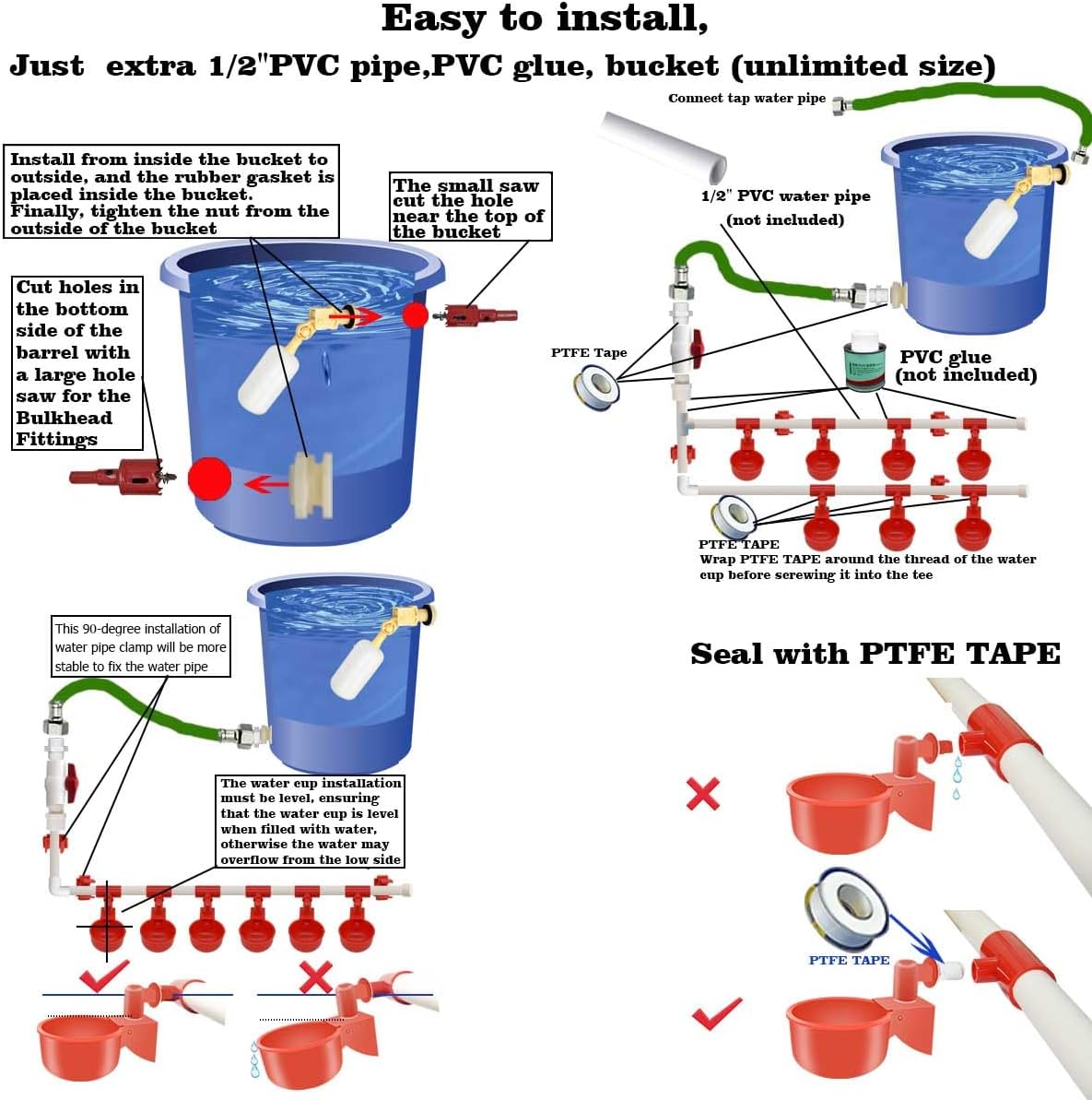 Complete Set Pipeline Automatic Chicken Waterer System,1/2" PVC Pipe Accessories DIY Kit with 2 Hose,Chicken Water Cup,Chicken Waters,Poultry Waterer,Duck Water Feeder for Quail Chicken Duck Goose