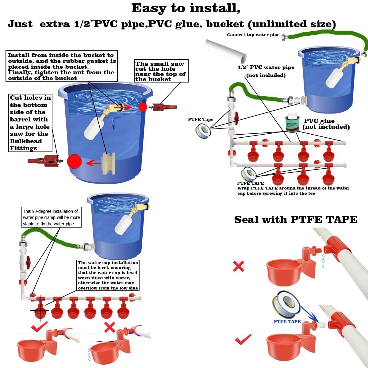 Complete Set Pipeline Automatic Chicken Waterer System,1/2" PVC Pipe Accessories DIY Kit with 2 Hose,Chicken Water Cup,Chicken Waters,Poultry Waterer,Duck Water Feeder for Quail Chicken Duck Goose