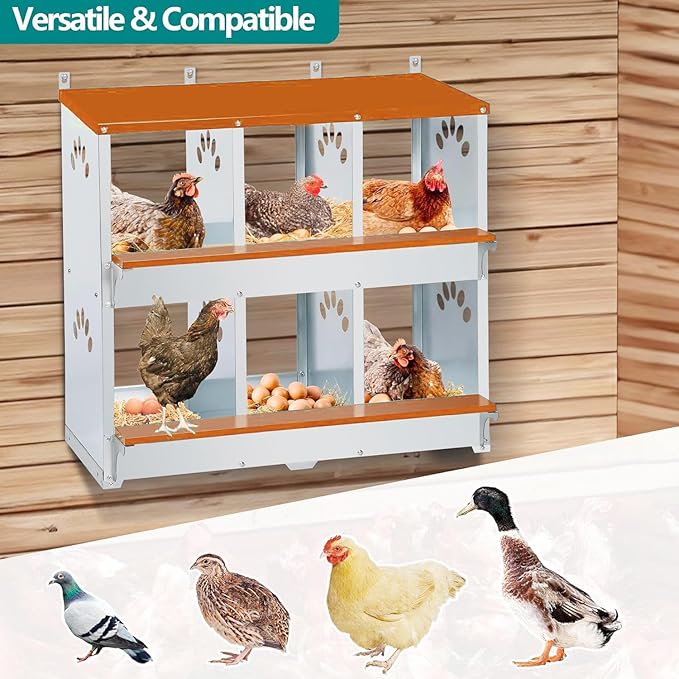 6 Compartment Chicken Nesting Box, Metal Nesting Boxes for Chicken, Indoor & Outdoor Use, Wall Mountable Laying Boxes for Hens, 31.9" L x 13" W x 25" H, Orange