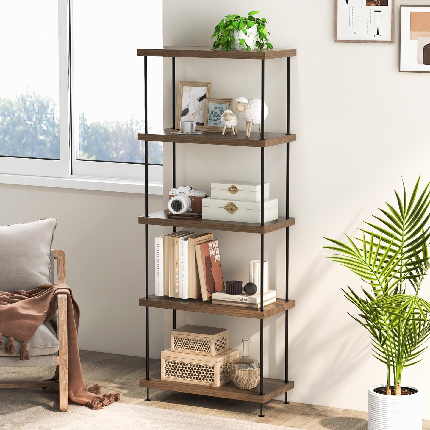 Giantex 5-Tier Open-Back Bookshelf, Freestanding Display Rack, Metal Frame Storage Shelf, Industrial Style Bookcase, Home Organizer Unit for Living Room, Bedroom, Study