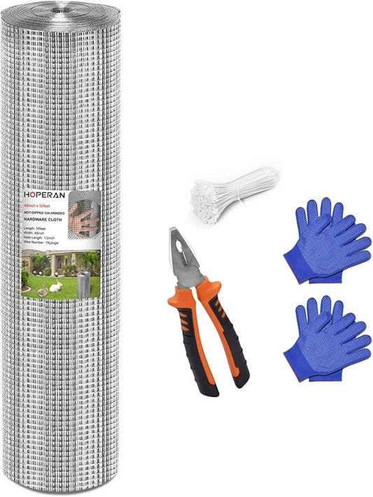 HOPERAN Hardware Cloth 1/2 Inch 48 x 50 ft 19 Gauge, Hot Dipped Galvanized After Welding, Square Chicken Wire Fencing Mesh Roll, Chicken Coop Wire Fence Raised Garden Bed Poultry Netting Cage