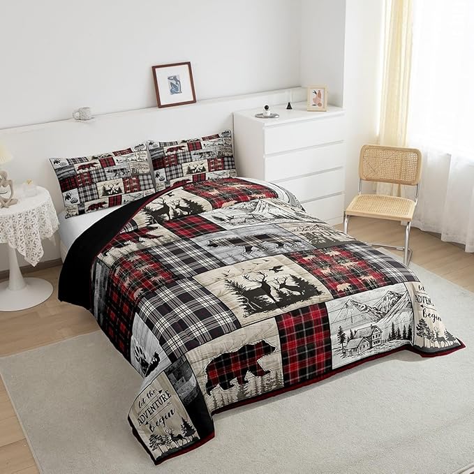 Rustic Cabin Comforter Set Full Woodland Wolf Deer Bear Comforter For Kids Adults,Red Black Buffalo Plaid Bedding Set Wildlife Camping Lodge Mountain Quilt Bedding Southwestern Farmhouse Decor