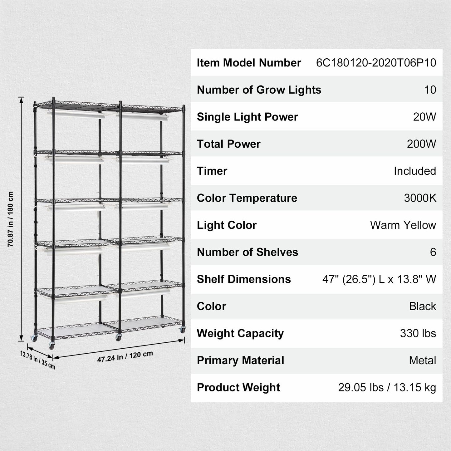 VEVOR Plant Stand with Grow Light, 6-Tier Large Tall Plant Shelf with 3000K 200W Full Spectrum Grow Light, Indoor Grow Light Shelf with Timer and Wheel for Seed Starting 47.2" L x 13.8" W x 70.8" H