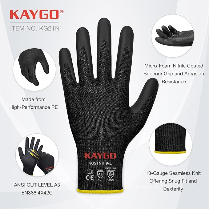 KAYGO Cut Resistant Gloves - Nitrile Micro-Foam Coated, Puncture Proof Safety Gloves for Work, Gardening, and Construction with Enhanced Grip | ANSI Cut Level A3 | KG21NB (Size L, 2 Pairs, Black)