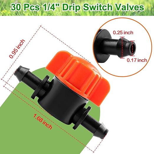 JAYEE 30Pcs Drip Irrigation 1/4 inch Barbed Valve, Drip Line Parts 1/4" Shut Off Valve Fits for 1/4 Inch Drip Irrigation Tubing, Drip Irrigation Fittings Switch Valves for Drip or Sprinkler Systems