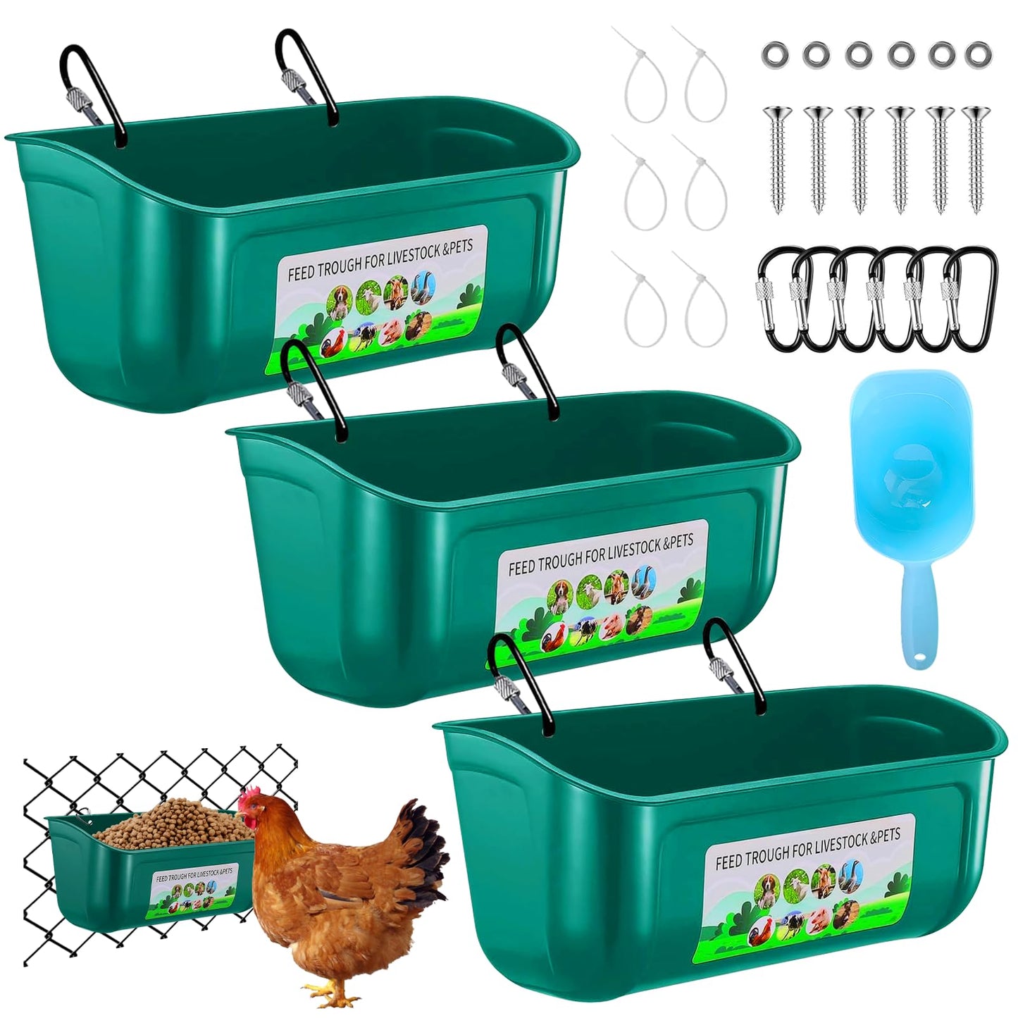 3 Pack Chicken Feeder, Duck Feeder Supplies, Hanging Fence Feed Trough with Clips for Goat, Sheeple, Piglet, Gooses, Turkeys, Dog Livestock Poultry, 8 Quarts in Total, Feed Scoop Included, Green