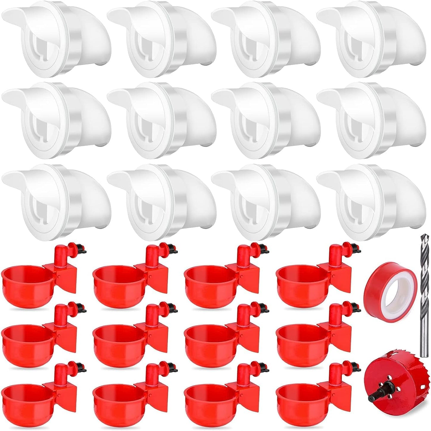 12 Pcs Chicken Feeder and Water Cup Kit, Gravity Chicken Waterer and Feeder Port Kit with Hole Saw and Sealing Tape, No Waste for Duck, Bird, Quail