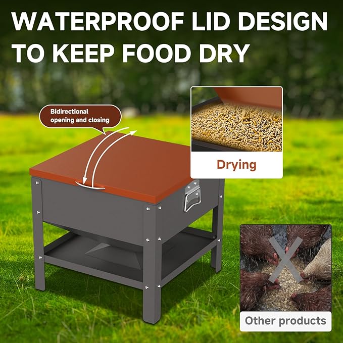 Automatic Chicken and Duck Feeder, 80 LBS Capacity Metal Chicken Feeder, Weatherproof Outdoor Gravity Feeding Barrel, No-Waste Feeder for Backyard Flock (Orange)