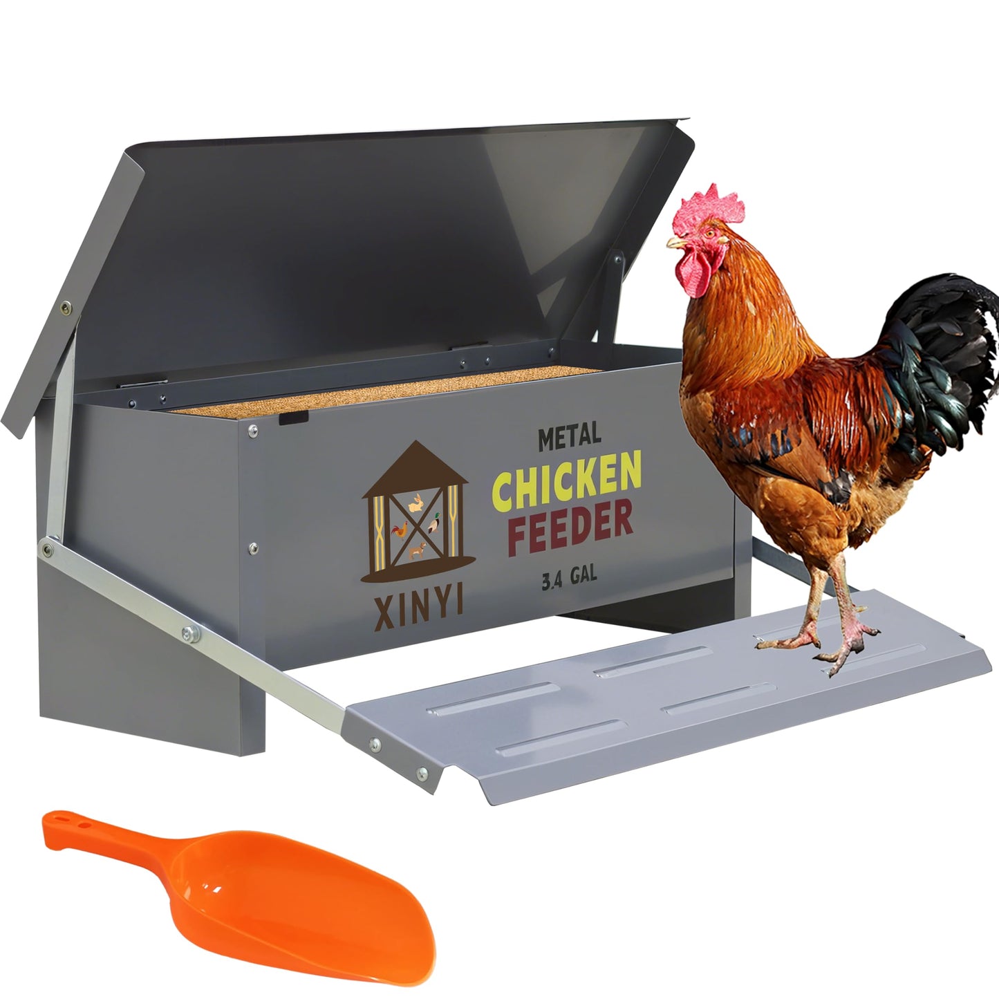 Automatic Treadle Chicken Feeder,25 Lbs No Waste No Spill Rodent Proof Chicken Feeder with Weatherproof Lid,Chicken Supplies for Your Chickens, Duck Feeder 3.4Gal