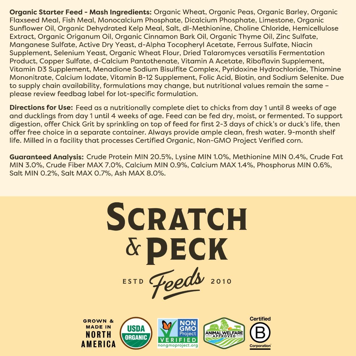 Scratch and Peck Whole Grain Starter Mash for Baby Chicks and Ducklings - 10 lb Bag - Corn and Soy-Free Feed with 20.5% Protein, Certified Organic and Non-GMO