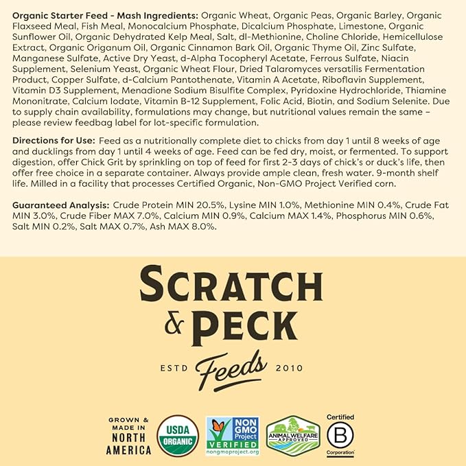 Scratch and Peck Feeds Whole Grain Starter Mash Chicken and Duck Feed - 40 lbs Bag - Corn-Free and Soy-Free - 20.5% Protein, Certified Organic and Non-GMO Project Verified Chicken Food