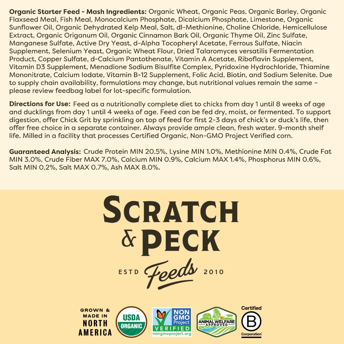 Scratch and Peck Whole Grain Starter Mash for Baby Chicks and Ducklings - 10 lb Bag - Corn and Soy-Free Feed with 20.5% Protein, Certified Organic and Non-GMO