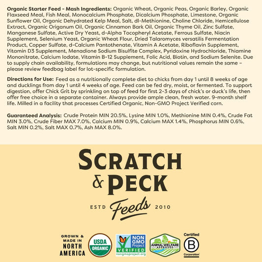 Scratch and Peck Whole Grain Starter Mash for Baby Chicks and Ducklings - 10 lb Bag - Corn and Soy-Free Feed with 20.5% Protein, Certified Organic and Non-GMO