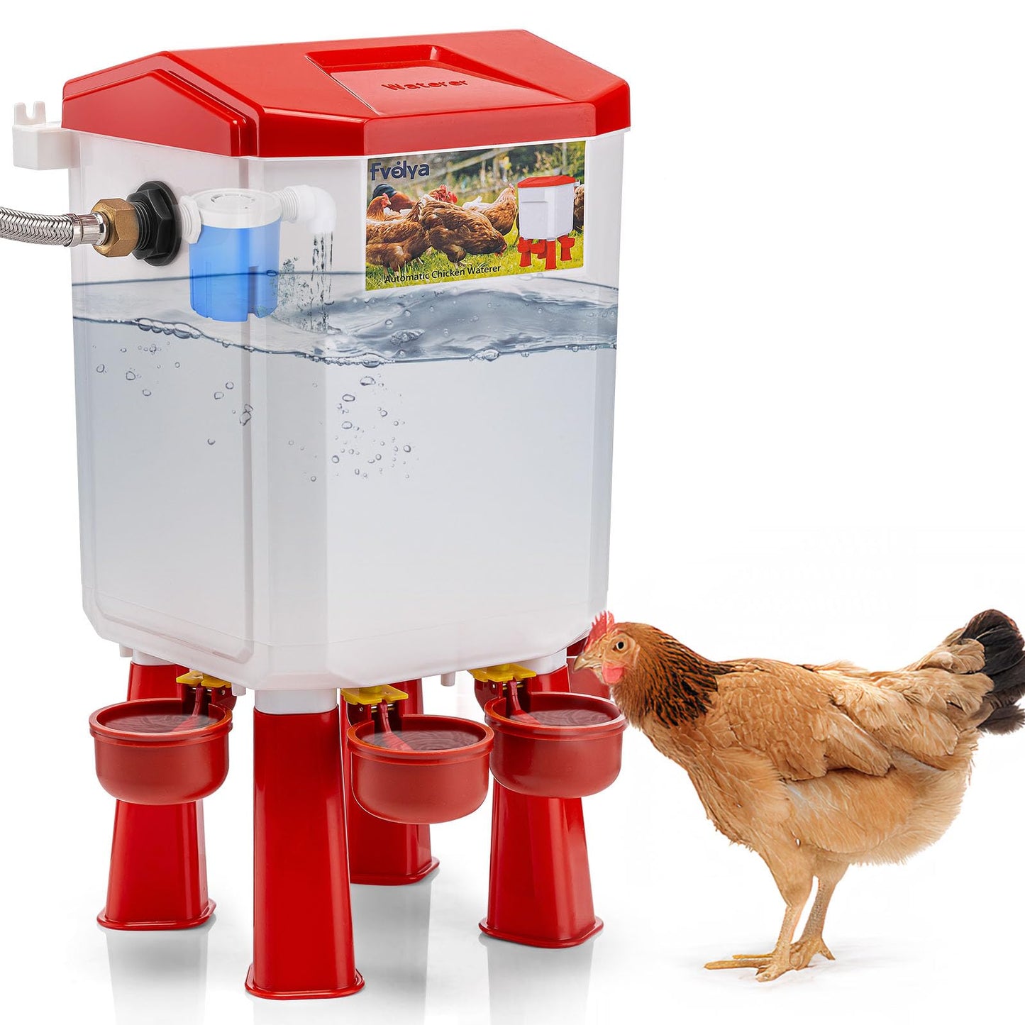 Automatic Chicken Waterer Filtered Float-Controlled Large Chicken Water Feeder Poultry Waterer Kit with Stainless Steel Metal Hose