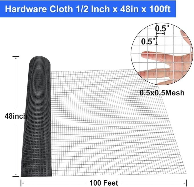 Land Guard Hardware Cloth 1/2 inch 48inx100.1ft PVC Vinyl Coated 19 Gauge Square Chicken Wire Fence Mesh Roll Raised Garden Bed Plant Supports Poultry Netting Cage Snake Fence…