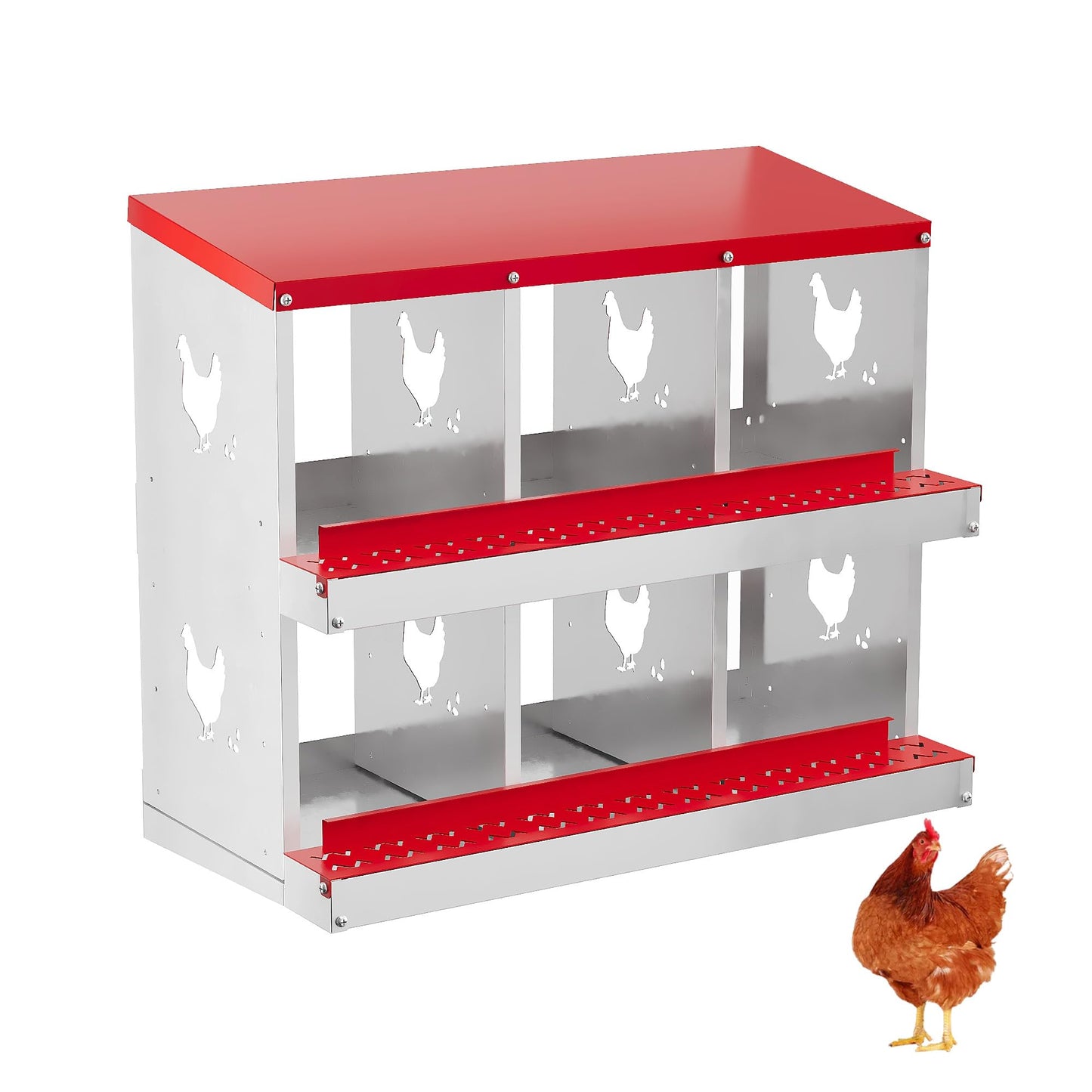 6 Hole Chicken Nesting Box with Roll Out Egg Tray, Rustproof & Ventilated Chicken Laying Boxes for Hens, Chickens, Ducks | Easy-Clean Poultry Coop Accessories