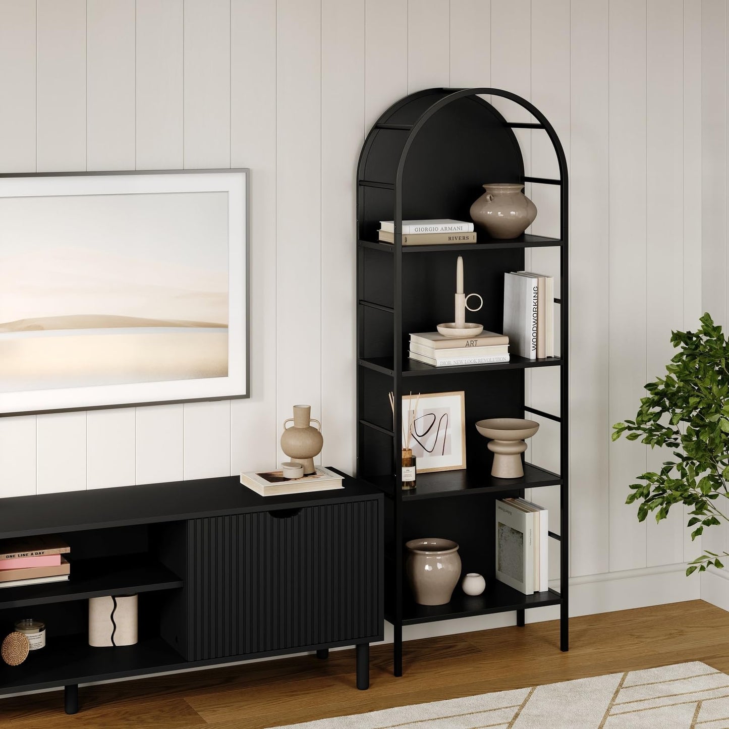 Stead 4-Tier Arched Wood Book Shelf - Black Metal Frame, Wood Panel Backing - Arched Bookcase with Backing, Narrow Black Bookshelf with Grain-Texture Laminate & 25 lb Shelf Capacity