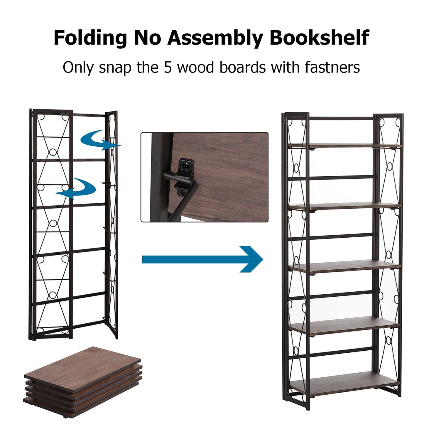 VECELO 2 Set Folding Bookshelf 5-Tier,Industrial Metal Frame & Wood Shelves,Foldable Bookcase No Assembly Free Standing Storage Organizer for Living Room,Office,Bedroom