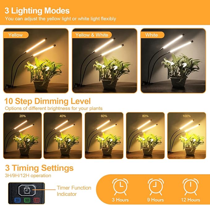 bseah Grow Light Plant Lights for Indoor Plants, Full Spectrum Plant Grow Lamp, 10 Dimmable Levels Auto ON & Off with 3/9/12H Timer