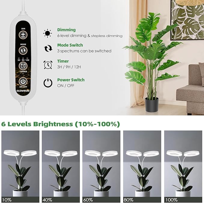 PRONORO Grow Light for Indoor Plants,Full Spectrum 2-Head LED Grow Light,Standing Grow Light for Large Plants,Auto ON/Off Timer,6 Dimmable Levels,3 Spectrum Light Modes,Height Adjustable,36W