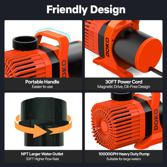 DOKO Submersible Water Pump, 10000GPH Pond Pump with 30FT Power Cord and 33 FT Lift Heigh, 1000W Ultra Quiet Fountain Water Pump for Pond, Aquarium, Waterfall, Orange Black