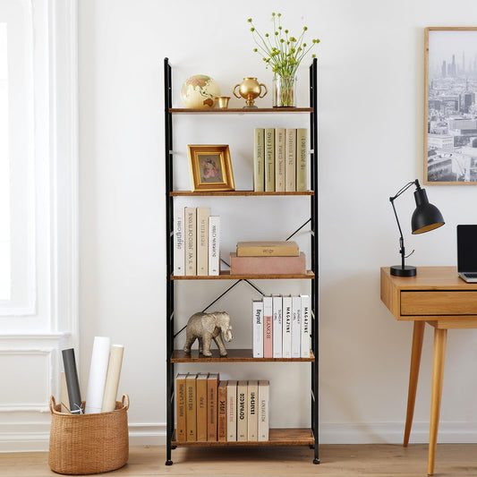 Sweetcrispy 5-Tier Industrial Bookshelf, Rustic Wood and Metal Bookcase with Open Shelves, 62.2-Inch Tall Storage Rack for Living Room, Home Office, Bedroom, Display and Organization, Brown