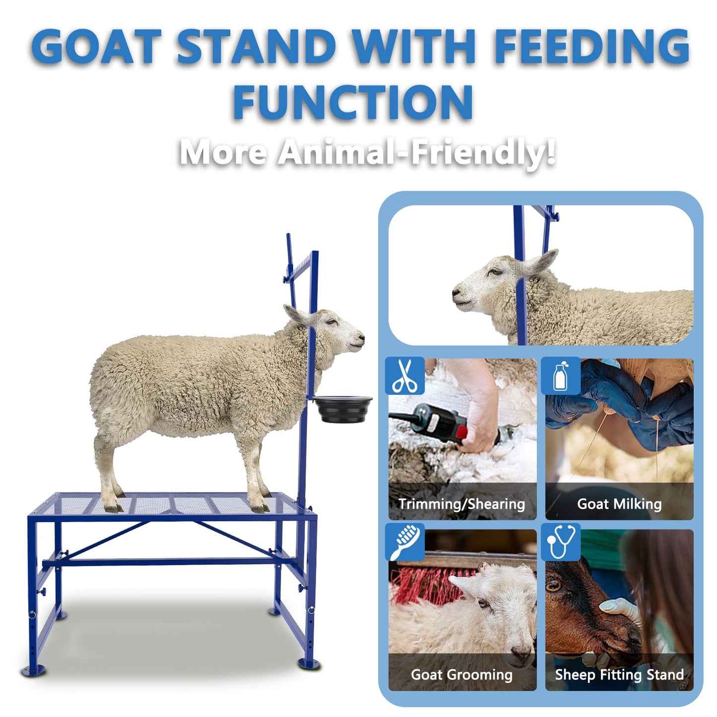 Lezbanz 600 LBs Goat Stand with Feed Bin, Goat Milking Stand for Sheep Trimming and Milking, Hoof Trimming Stand Adjustable Size, with Feeder, Iron Blue