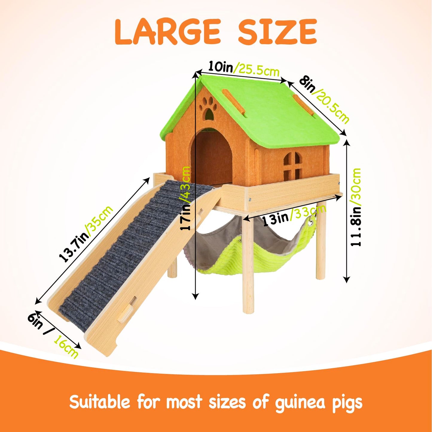 BESNEW 3 in 1 Enlarged Guinea Pig Hammock with House & Platform,Wooden Guinea Pig Hideout with Hammock & Stairs Small Animal Toys for Hiding Sleeping Activities