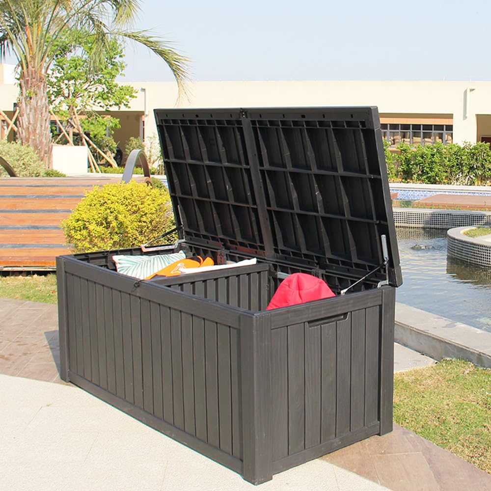 BTEXPERT 150 Gallon Large Resin Deck Box, Outdoor Storage Container with Metal Rods & Partition for Patio Furniture Cushions Garden Tools Equipment Waterproof Lockable UV Resistant Set of 2