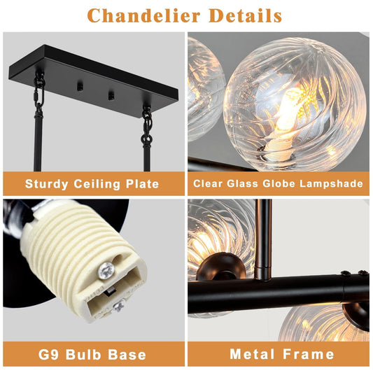 Lzawvm Modern Linear Chandeliers for Dining Room 70 Inhch Sputnik Linear Chandelier Clear Striped Glass Globe Pendant Light for Kitchen Island, Farmhouse, Living Room, Dia 70 Inch