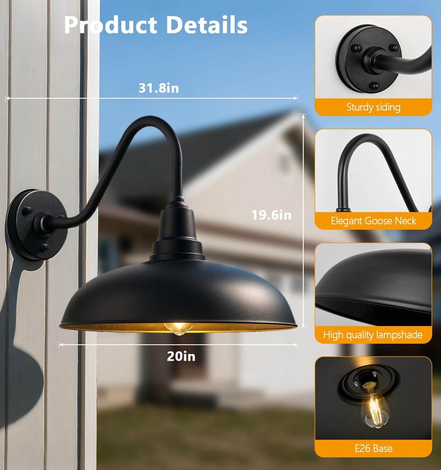 20" Extra-Large Gooseneck Barn Lights – Black Industrial Wall Sconces for Garage, Porch, or Farmhouse Patio – Rustproof and Weatherproof Exterior Lights – 2 Pack
