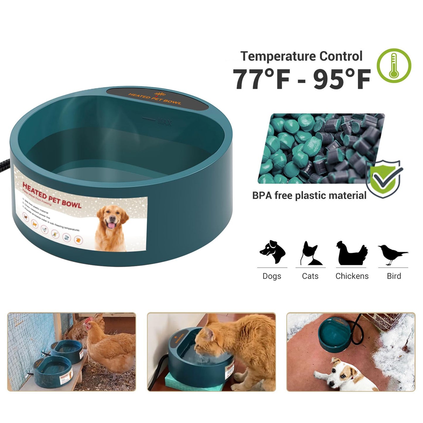 PETLESO Heated Water Bowl for Dog, Heated Dog Bowl for Cats Birds Chicken Water Heater, Outdoor Dog Bowl Provides Drinkable Water in Frozon Winter, 0.58 Gallon